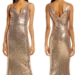 Gold sequin “Here to Wow” floor length dress, Lulus